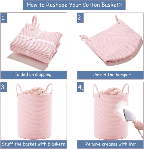 15x20 Inches, 60L Large Pink Laundry Basket Woven Rope Hamper for Baby Girls and Kids, Tall Nursery Storage Bin, Kawaii