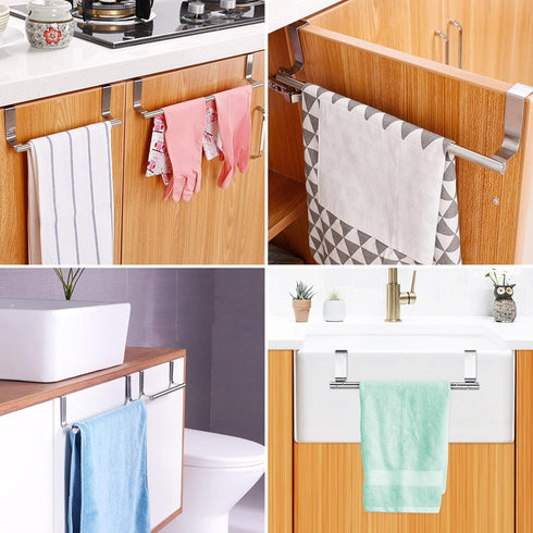 Over Cabinet Towel Bar with Hooks - 14 Inch Brushed Stainless Steel Rack for Bathroom & Kitchen