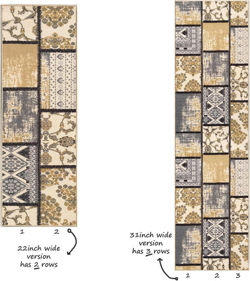 Custom Size Grey Ivory Fancy Patchwork Rubber Backed Non-Slip Hallway Stair Runner Rug, 22 inch Wide