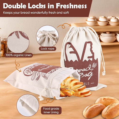 Seaury Kareen 2 Pack 1713Homemade Bread Bags, Bread Bags Reusable Linen with Plastic Lining, Large Loaf Storage Bags