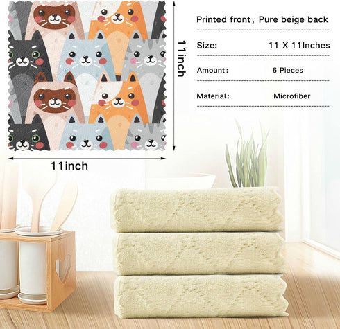 Cute Cats Microfiber Reusable Cleaning Cloths, Kitchen Dish Cloths for Washing Dishes, 6 Pack Animal Dish Towels