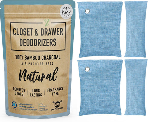 Closet and Drawer Deodorizer Bags, 4 Pack Organic Charcoal Odor Eliminator for Closet and Drawers