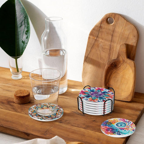 Set 6, Boho Coasters of Coasters for Drinks Absorbent Stone with Holder, Mandala Flower Ceramic Drink Coaster