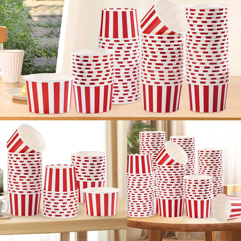 120Pcs 12 oz Summer Grencian Red Ice Cream Cups Disposable Red and White Stripes Paper Dessert Snack Bowls BBQ Yogurt