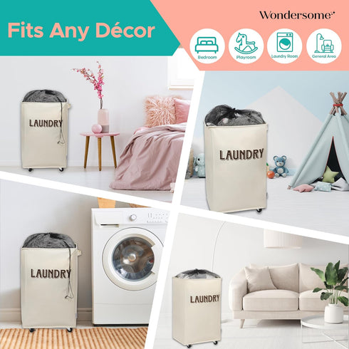 90-Liter Wondersome Laundry Hamper with Wheels - Farmhouse Cream - Extra Large Collapsible Rolling Clothes Cart - Heavy