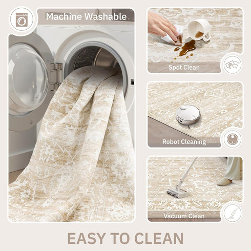 5x7 5'x7') Soalmost Area Rugs for Living Room, Washable Vintage Floral Non-Slip Low Pile Neutral Rug Soft Throw Carpet