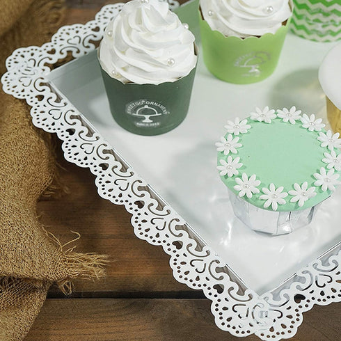 2Pcs Rectangle Iron Cupcake Serving Tray, White Dessert Plates for Party, Anniversary, Wedding, Christmas