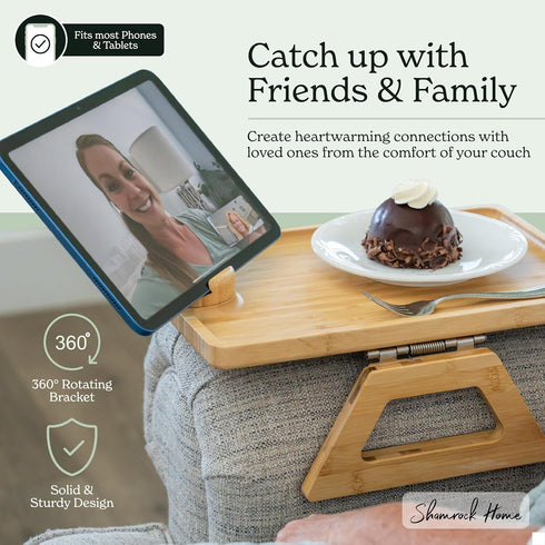 13.75 9.5) Shamrock Home Bamboo Couch Arm Table with Device Holder, Clip On Tray. for TV Dinners, Remotes, Drinks