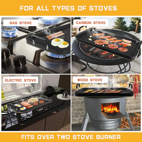 Non-Stick Aluminum Flat Griddle, 17" x 10.5" Double Burner Griddle for Glass and Gas Stove, Great for Breakfast and BBQ