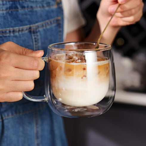 12oz Mugs(4-pack),Large CNGLASS Double Walled Glass Coffee Clear Coffee Cups with Handle,Glass Espresso Mugs