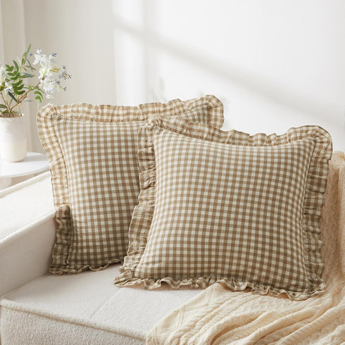 KKJIAF Ruffle Gingham Pillow Covers 26 x 26 Inches, Cotton Plaid Throw