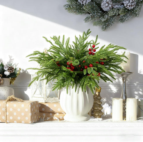 Watayo 60 14" Pcs Christmas Norfolk Pine Branches with Red Berry Stems, Artificial Greenery Norfolk Pine Stems Sprigs