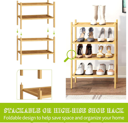 4-Tier Closet BMOSU Bamboo Small Shoe Rack Premium Stackable Shoe Shelf Storage Organizer for Hallway Living Room