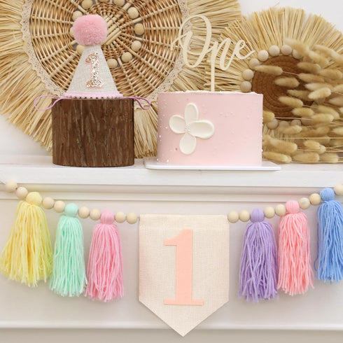 1st Handmade Boho Macaron Theme Birthday High Chair Banner for Baby Girls with Pink First Birthday Cone Hat and One