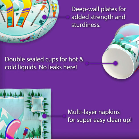 Skiing Birthday Party Supplies Set - Plates, Napkins, Cups Tableware Kit for 16