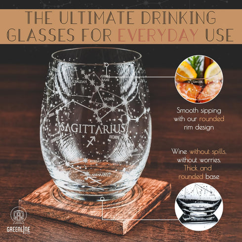 Greenline Goods Sagittarius Stemless Wine Glasses, Hand Etched 15 oz Set of 2, Zodiac Astrology Sign Glassware