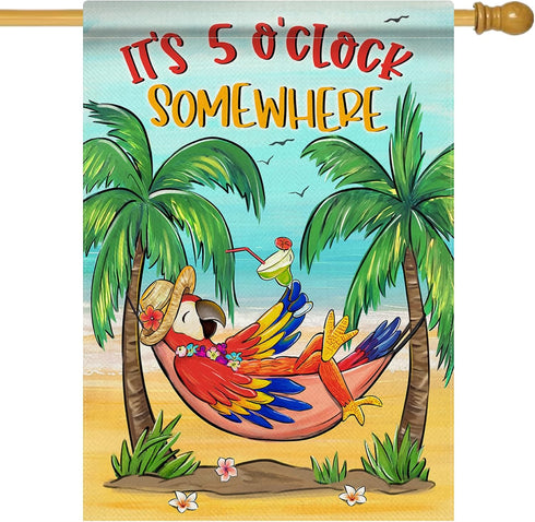 Welcome Summer Parrot Bird Decorative House Flag, It's 5 O'clock Somewhere Beach Coastal Tropical Palm Tree Garden Yard