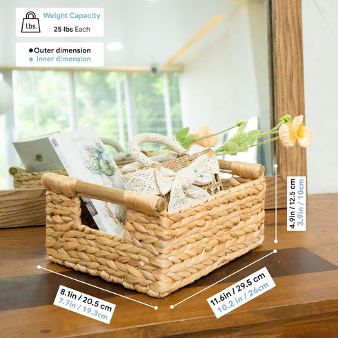 VATIMA Hyacinth Small Wicker Basket 11.6x8.1x4.9", Decorative Storage with Wooden Handle for Bathroom Organizer