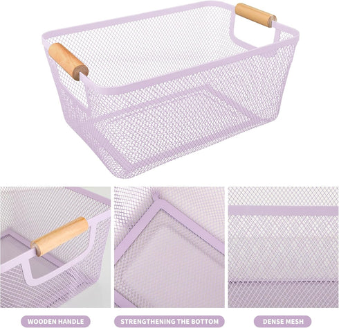 PTSGCAI 2Pack Metal Mesh Steel Basket with Bamboo Handle, 12" Wide Wire Basket for Kitchen Organization, Perfect for