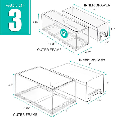 Sorbus Large Stackable Clear Storage Drawers with Handles, 3 Pack for Craft, Clothes, Medicine, Makeup, Toy Organizer