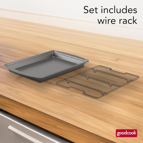 GoodCook 15” x 10.5” Nonstick Carbon Steel Baking Pan & Raised Wire Rack Set for Pizza, Bacon, and Multipurpose Cooking
