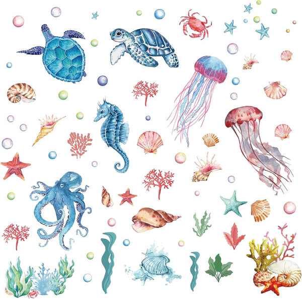 CRASPIRE 8 Sheets Sea Life Window Decals, Ocean Stickers for Bathroom Home Bedroom, PVC Self-Adhesive Clings