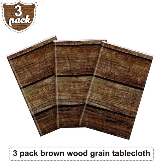 Irenare 3 Pcs Brown Wood Grain Tablecloths, Rustic Plastic Table Covers for Rectangle Table, Vintage Farmhouse