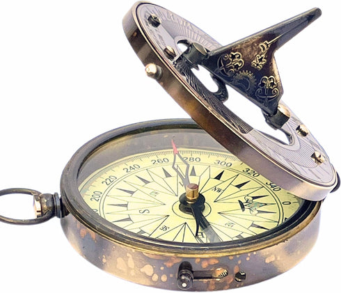 Vintage Navigational Compass, Functional Tool, Nautical Sundial Compass, Round Brass Finish
