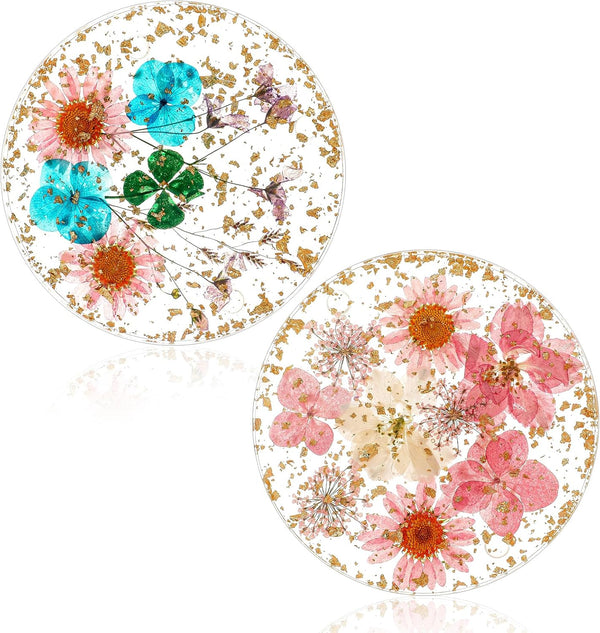 Amabro Dried Flower Drink Coasters, Floral Resin Drink Cup Mat Set of 2,