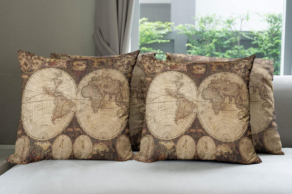 Ambesonne World Map Throw Pillow Cushion Case, Pack of 4, Vintage Design, 18", Beige Brown, Double-Sided