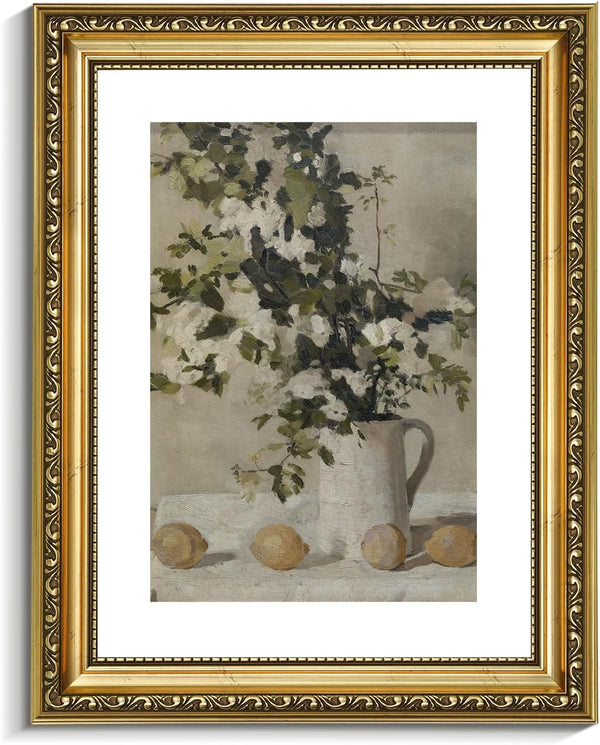 VIYYIEA Vintage Gold Framed Botanical Wall Art, Canvas Prints of Flowers and Lemons, 11x14 Inch Home Decor