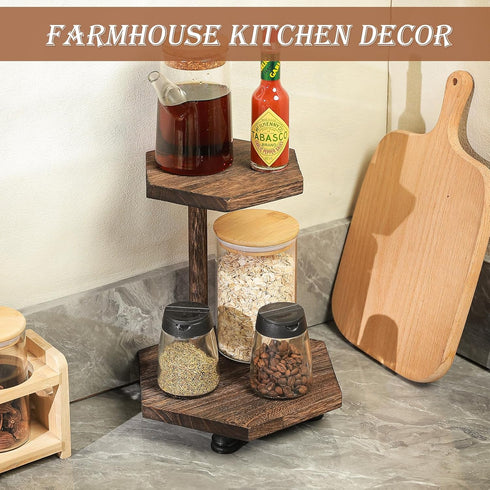 Tikea Hexagonal Wood Riser for Display - 2-Tier Rustic Wood Pedestal Stand for Kitchen Bathroom Counter Decor