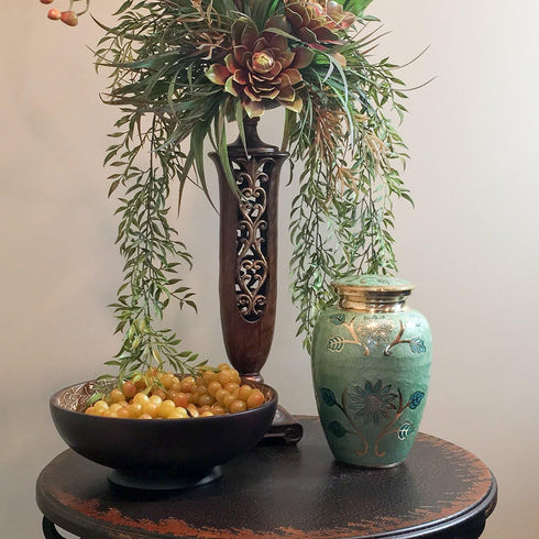 Large Green Garden Brass Cremation Urn | Unique Funeral Urn with Gold & Green Enamel Details