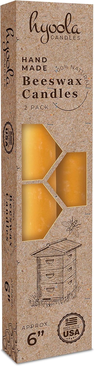 Hyoola 6" Beeswax Taper Candles, 6 Hour Burn Time, Yellow Beeswax Candles, 2 Pack