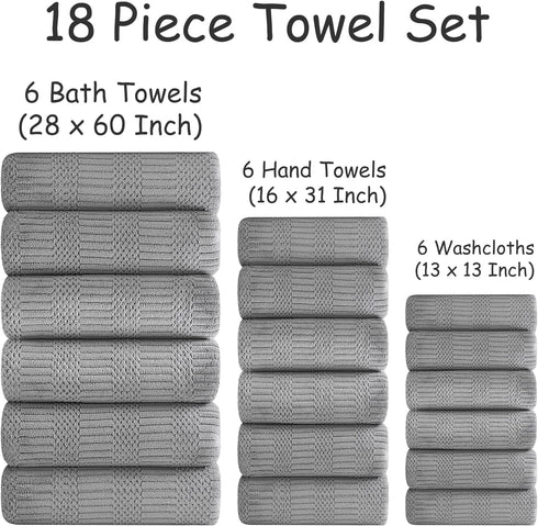 18 Set-6 Sheets,6 Towels,6 Set Pcs Gray Woven Family Towels Bath Hand Washcloths Soft Microfiber Towels Absorbent