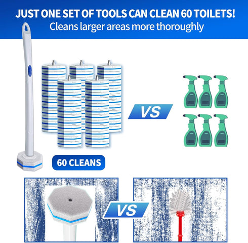 FAMYLI Set 60 Disposable Toilet Brush with Replacement Heads, Toilet Cleaning Replacement Pads, Starter Kit