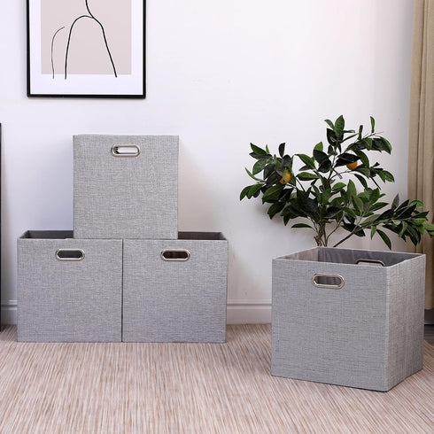 Cube Storage Bins 13×13 Linen Foldable Box with Handles, Set of 4 Large Capacity Organizers for Closet and Shelf