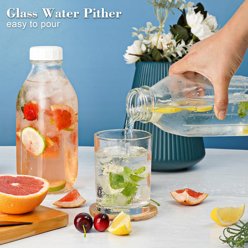 2 Pack 2 100% 32 Oz 3 Glass Milk Bottle with Dispenser Caps, Airtight Heavy Duty Screw Lid. Reusable Glass Water Jug