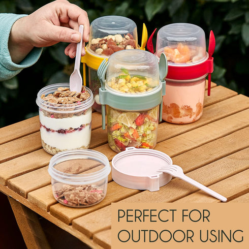 4 Pack 22 oz Crystalia On The Go Yogurt Parfait Cups with Lids & Spoon, Large Breakfast Plastic Bowls with Topping