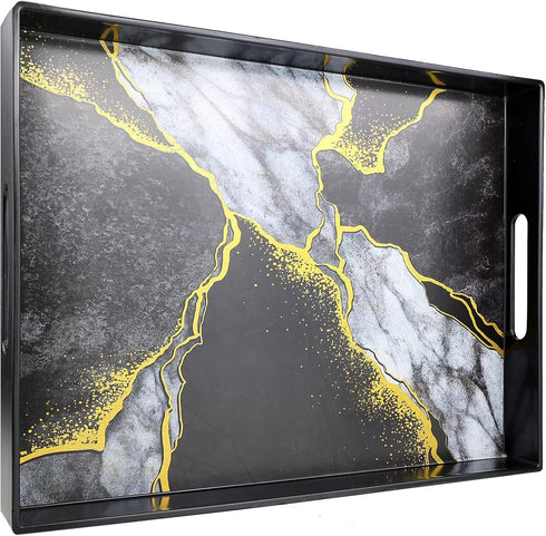 Counter, 15.7*11.8*1.6 Marble Black Decorative Tray for Coffee Table, Ottoman, Rectangular Plastic Serving Platter Tray