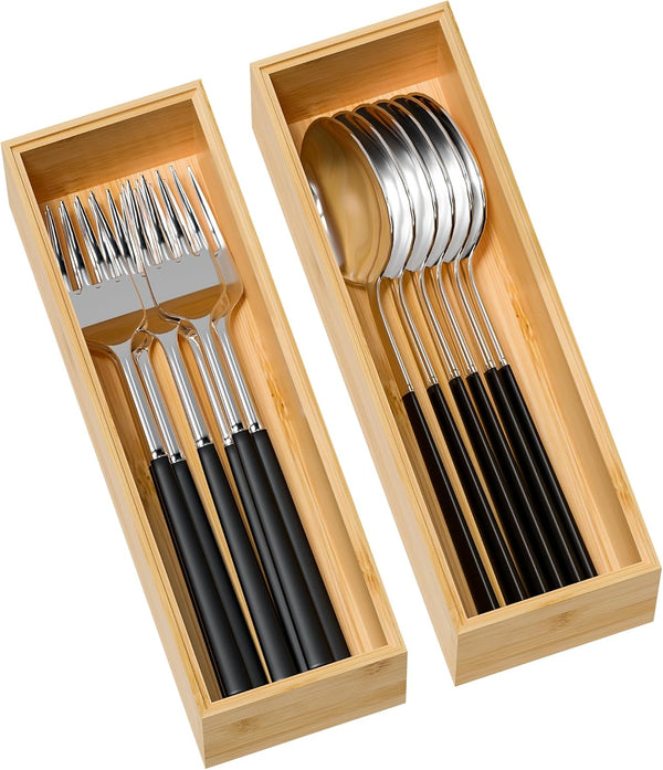 Kitchen Drawer Organizer Bins, Stackable Bamboo Drawer Organizer for Silverware, Deep Drawer Organizers for Storage