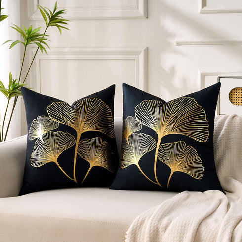 BONSTRAP 20x20 Set 2 Black Decorative Throw Pillow Covers Gold Line Ginkgo Cushion Covers Plant Leaf Velvet Modern