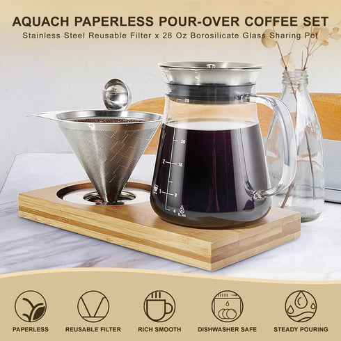 Set 28 oz Set Aquach Pour Over Coffee Maker with Extra Large Coffee Dripper, Glass Carafe, Stainlesss Steel Coffee