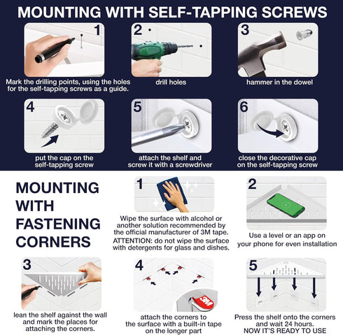 iReef way 14" Corner Shower Shelf for Inside Shower - Adhesive/Stick/Drill/No Drill - Floating Strong White Corner
