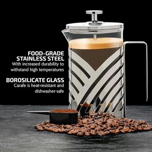 OVENTE 27 Ounce French Press Coffee & Tea Maker, 4 Level Stainless Steel Filter System & Heat Resistant Borosilicate Glass, Portable Pitcher for Travel Gift Easy Clean Carafe w/Scoop, Silver FSD27P by OVENTE