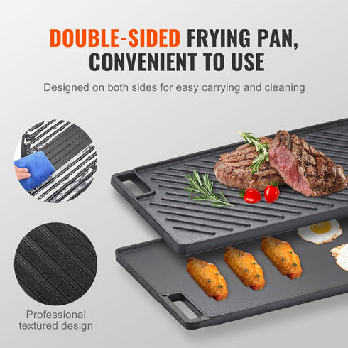VEVOR Reversible Grill/Griddle, 17x10'' Pre-Seasoned Cast Iron Griddle Pan for BBQ, Gas Grill, Non-Stick Cookware.