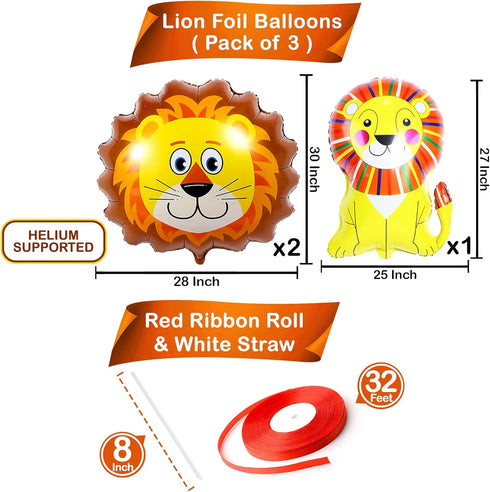 KatchOn Lion Balloons for Birthday Party - Giant 30 Inch, Pack of 3, Foil Mylar Decorations for Safari Animal Theme