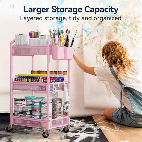 3 YASONIC Tier Rolling Cart Metal Utility Storage Cart with Wheels, Craft Cart Organizer with Hanging Cups, Hooks, Mesh