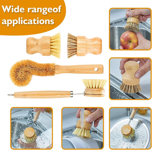 Bamboo Dish Brushes Sets, 4 Tools in One Kitchen Clean Dish Scrubber for Pots, Pans, Bottles with Natural Bristles