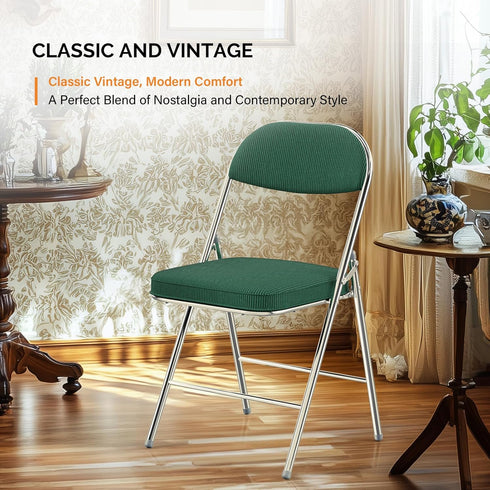 350 lbs Set 1, VINGLI Folding Chairs with Padded Seat & Backrest, Metal Frame, Durable Corduroy Fabric, Capacity